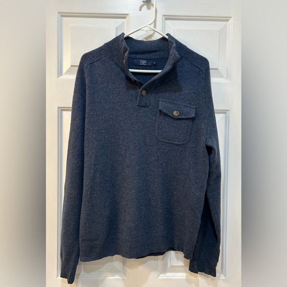J. Crew 100% Lambs Wool Mock Collar Sweater Blue Marled Knit Pocket Men's Sz M - Picture 1 of 7